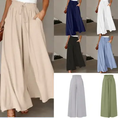 Women Wide Leg Skirt Pants Blue Elastic Belt High Waist