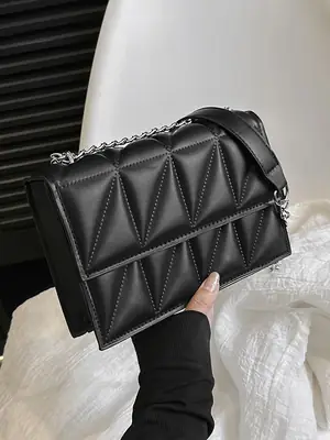 Black Quilted Shoulder Crossbody Bag with Chain