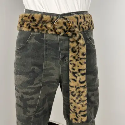 Leopard Print Belted Pants with Faux Fur Belt & Metal Buckle