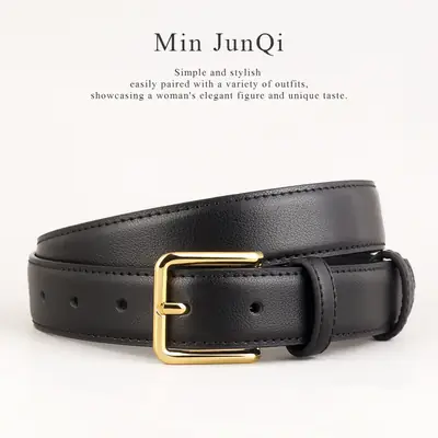 Women's Black Leather Belt with Gold Buckle 100cm
