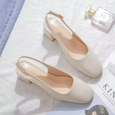 Baotou Empty Sandals Women's Summer Mid-Heel Outer Wear 2025 New Korean Style Thick Heel Half Shoes Women's High Heels