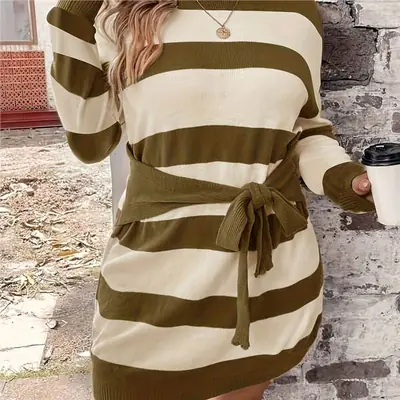 Cross-Border Knitted Striped Sweater Dress Large