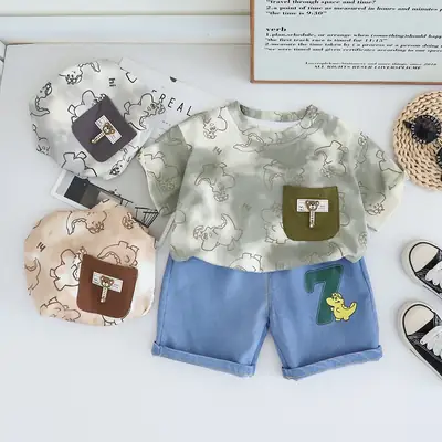 Boys Dinosaur Print Summer Suit Blue Denim Shorts