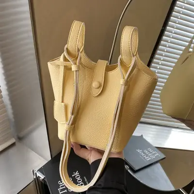 Women's Soft Leather Bucket Bag Beige Shoulder Crossbody