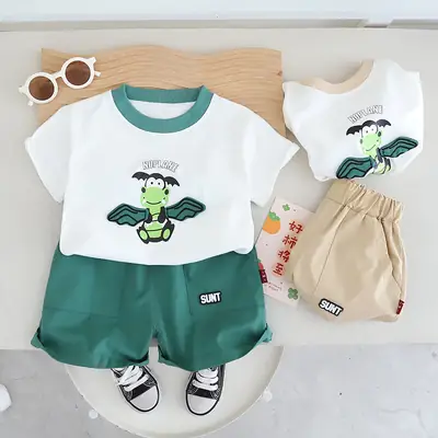 2-Piece Cartoon Print Boys Summer Cotton Suit Green White