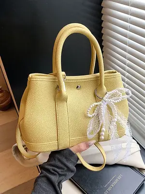 Yellow Leather Shoulder Crossbody Bag with Lace Trim