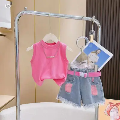 Girls Pink Sleeveless T-Shirt Two-Piece Set