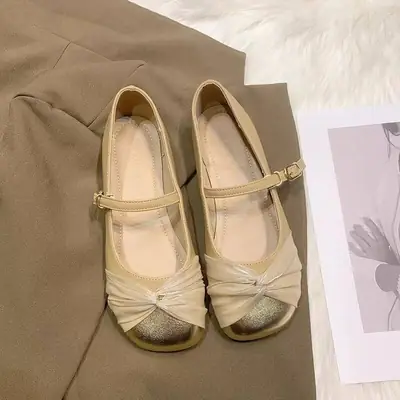 Women's French Gentle Mary Jane Flat Shoes Gold Skirt