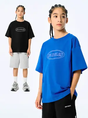 Blue Retro Embroidered T-Shirt for Kids Boys Summer Casual