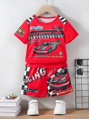 European and American Cross-Border Boys' Suits Summer New Trendyy Casual Short-Sleeved T-Shirt Shorts Racing Print Two-Piece Set Trendy