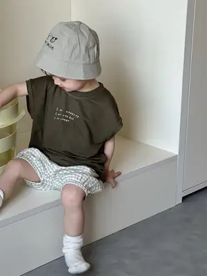 Kids Summer T-Shirt Set Brown Plaid Shorts 2026