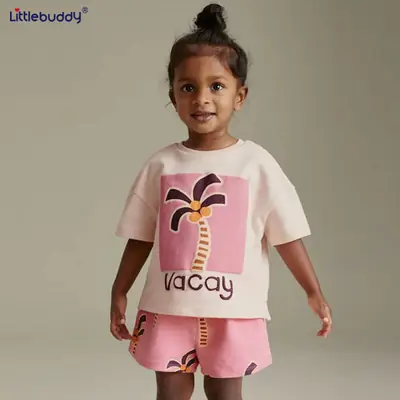 Girls Cotton Palm Print Summer Shorts Set