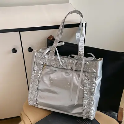 Japanese Style Silver Ruffled Shoulder Tote Bag