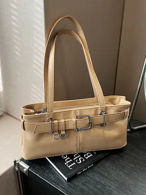 Beige Women's Crossbody Shoulder Bag with 5 Buckles