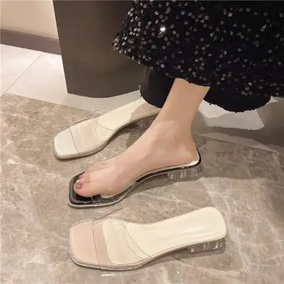 Transparent Crystal Square Toe Slippers Medium Heel
