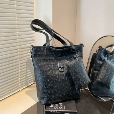 Black Skull Embossed Shoulder Bag for Women