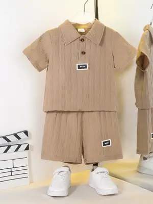 European American Boys Shorts Suit Solid Beige Lel Polo Shirt Two Pieces