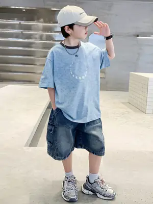 Summer Boys Blue Denim Shorts T-Shirt Set