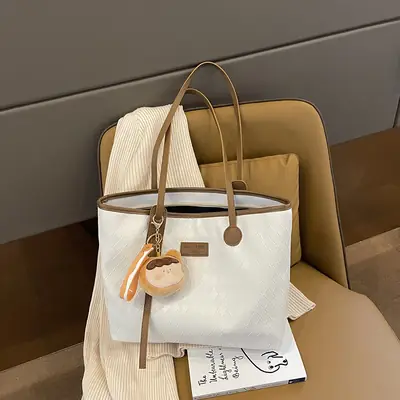 Women's White Canvas Shoulder Bag with Leather Strap