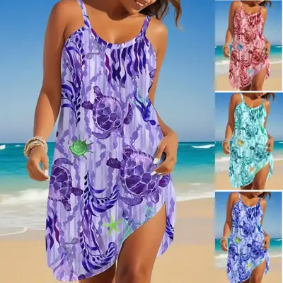 2025 Printed Ocean Style Summer Dress Large Women