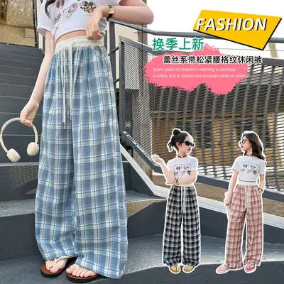 Girls Plaid Wide Leg Pants 2025 Summer Mid Large