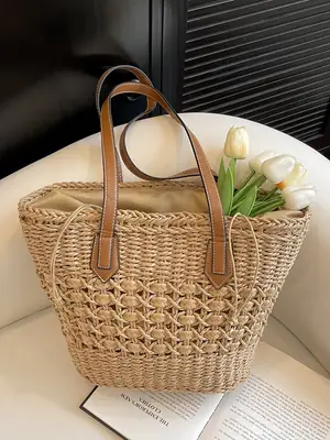 Mori Style Straw Shoulder Bag Large Capacity Leather Handle