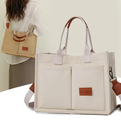 Women's Canvas Shoulder Tote Bag Large Capacity White