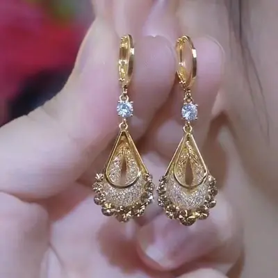 Gold Wire Mesh Crystal Water Drop Earrings for Women