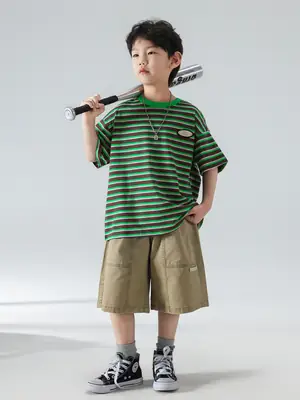 Boys Striped Shorts T-Shirt Set Korean Style 2025