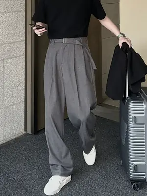 Men's Grey Straight Pants with Belt for Spring Autumn