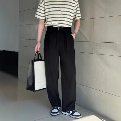 Men's Grey Loose Pleated Trousers Spring Summer Slimming