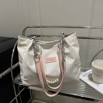 Women's Korean Style Shoulder Bag Pink Pearl Chain