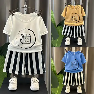 Children's White Printed T-Shirt & Striped Shorts Set