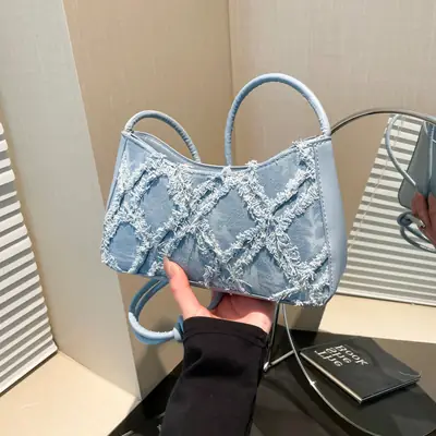 Women Denim Quilted Shoulder Bag Blue 2025