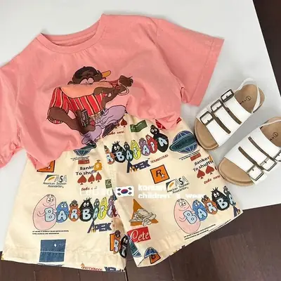Children's Two-Piece Printed T-Shirt & Shorts Set Pink Beige Summer 2025