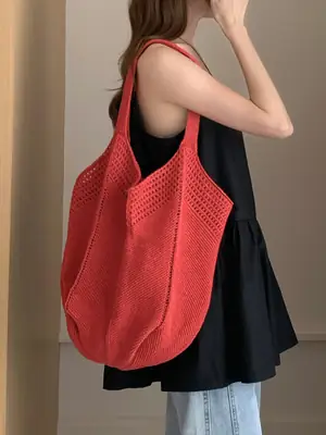 Red Knitted Women's Large Capacity Shoulder Bag