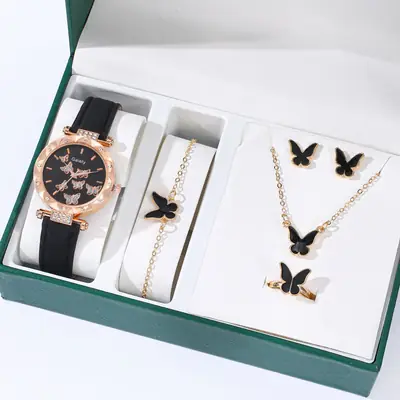 Women's Butterfly Watch Set Pink Gold Jewelry