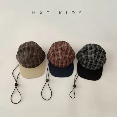 Kids Plaid Sunhat Adjustable Strap Brown Beige