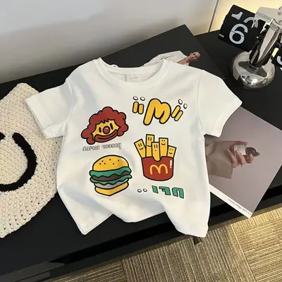 2025 Summer Printed Bear T-Shirt for Boys Middle Size