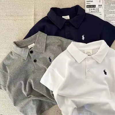 Boys Polo Shirt Set White Grey Blue Short Sleeve