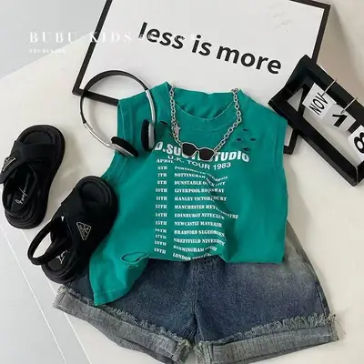 Summer Boys Casual Tank Top Shorts Set Denim Shorts
