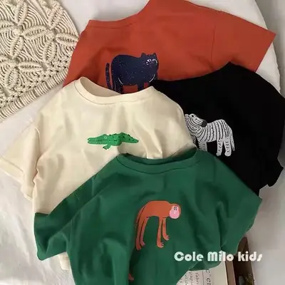 2025 Cotton Korean Style T-Shirt Boys Girls Cartoon Green Leaf