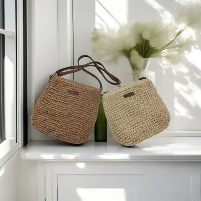 Beige Straw Shoulder Bag Set for Travel & Daily Use