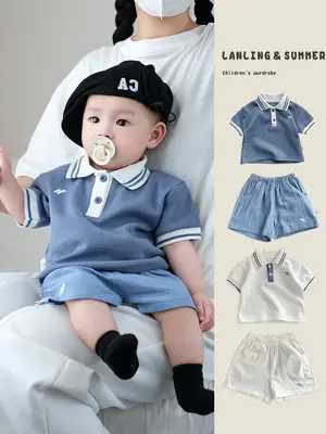 Boys Summer Polo Shirt Shorts Set Blue White