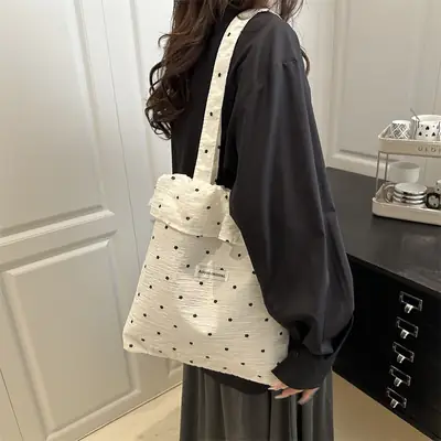Sweet Girl Ruffled Shoulder Bag Large Capacity White Polka Dot