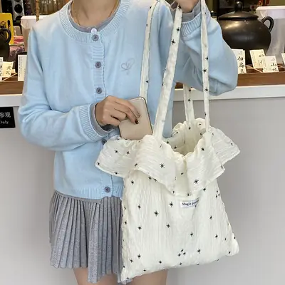 White Ruffled Canvas Tote Bag for Women