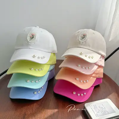 Pearl Embroidered Baseball Caps for Girls in Fresh Colors