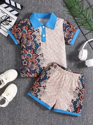 Girls Blue Button T-Shirt Shorts Set Summer Casual