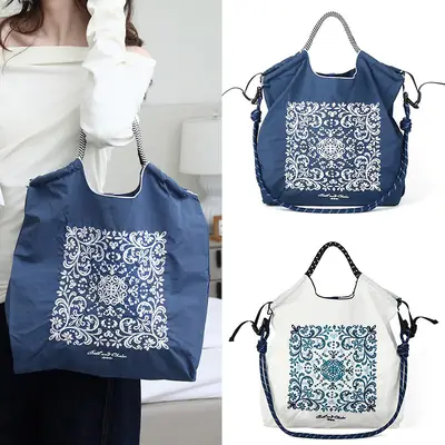 Japanese Embroidered Blue White Shoulder Bag for Women