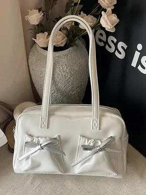 White Boston Style Shoulder Bag with Bow Detail
